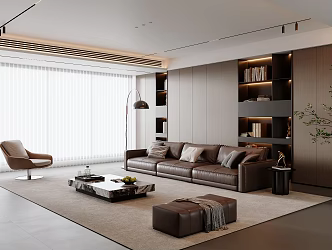 Modern Italian Living Room Sofa Coffee Table Combination Leather Sofa Bookcase Decorative Cabinet Italian Light Luxury Sofa Background Wall Floor Lamp Dreamy Curtain Sofa Stool 3d model