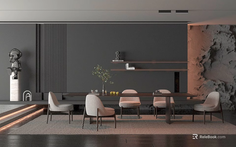 Modern Restaurant Interior With Dark Walls Long Dining Table Chairs Wall Shelves And Plants 3d model 