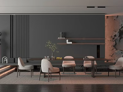 Modern Restaurant Interior With Dark Walls Long Dining Table Chairs Wall Shelves And Plants 3d model