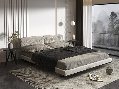 Background Double Bed With Light Gray Headboard Dark Blanket Geometric Rug And Mountain View Window 3d model