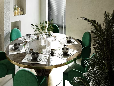 Stylish Round Dining Table Set With Green Chairs Tableware Vase And Green Plants On Table 3d model