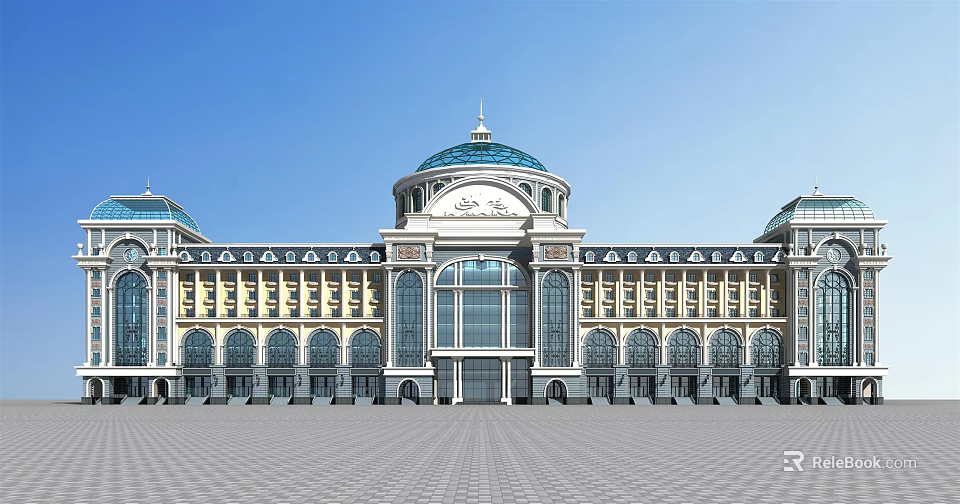 Classical Style Office Building With Blue Dome Symmetrical Design And Arched Windows 3d model