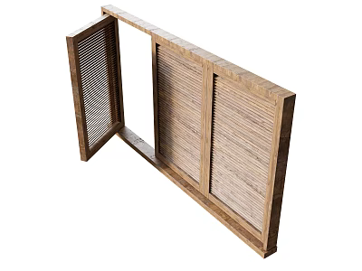 Wooden Casement Window With Open Louvered Grille Design And Natural Frame Structure 3d model