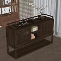 Modern Elegant Wooden Storage Cabinet With Lattice Doors And Decorative Items