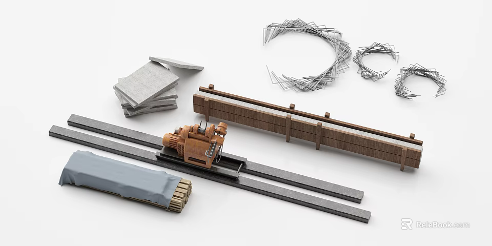 Structural Building Components Including Stacked Concrete Slabs Reinforcing Steel Wires And Rails 3d model 