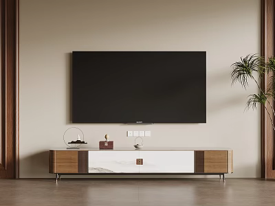 Modern TV Stand With Wooden Frame White Top And Decorative Plant Near Mounted TV 3d model