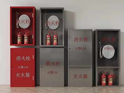 Fire Hydrants and Extinguishers in Red and Gray Fire Equipment Cabinets 3d model