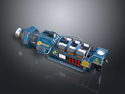 Futuristic Blue Mechanical Weapon With Multiple Cylindrical Components Control Panel And Warning Signs 3d model