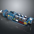 Futuristic Blue Mechanical Weapon With Multiple Cylindrical Components Control Panel And Warning Signs
