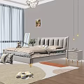 Cozy Double Bed With Upholstered Headboard Golden Legs Bedside Tables White Flowers And Wall Art