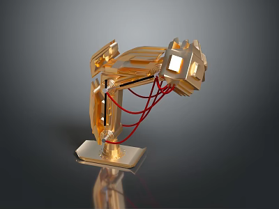 Futuristic Golden Mechanical Game Movie Character With Red Cables And Metallic Base 3d model