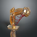 Futuristic Golden Mechanical Game Movie Character With Red Cables And Metallic Base