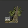 Miniature Rocky Cliff Landscape With Small House Green Trees And Flowing Stream