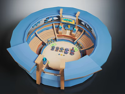 Cartoon Scene Of Round Blue Arena With Open Entrance And Interior Small Characters 3d model