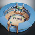 Cartoon Scene Of Round Blue Arena With Open Entrance And Interior Small Characters