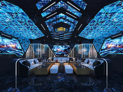Modern KTV Interior Design With Colorful LED Lights Comfortable Sofa Seats And Large Screens 3d model