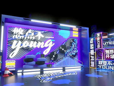 Trendy Purple Neon Photo Spot With Young Lettering Art Backdrop And Seating Area 3d model