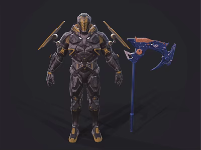 Futuristic Armored Sci Fi Character With Blue Orange Scythe And Golden Accents 3d model