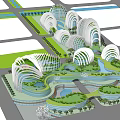 Modern Commercial Complex With Arched Shell Like Architecture Surrounded By Green Landscape And Water Features 3d model