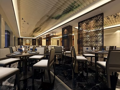 Elegant Modern Restaurant Interior With Dining Tables Chairs Decorative Partitions And Ceiling Lighting 3d model