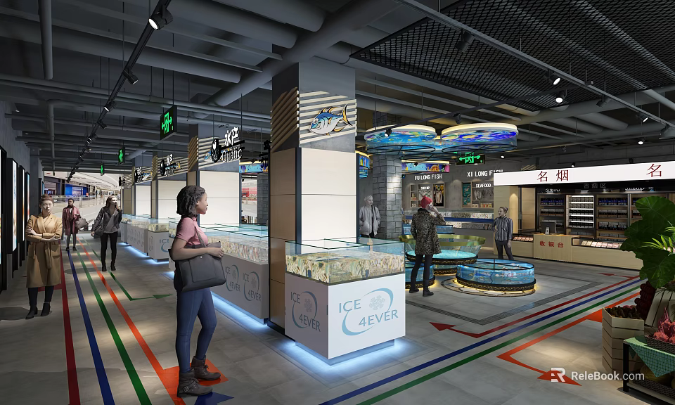 Modern Supermarket Interior Featuring Ice Cream Freezers Display Counters And Customers Shopping 3d model 