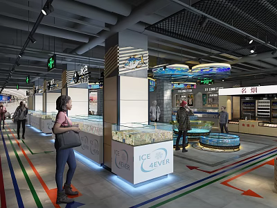 Modern Supermarket Interior Featuring Ice Cream Freezers Display Counters And Customers Shopping 3d model