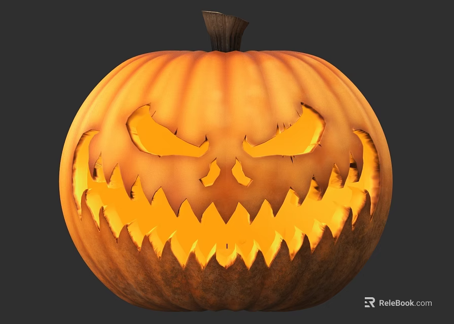 Spooky Carved Pumpkin Lantern With Glowing Interior And Scary Face 3d model 