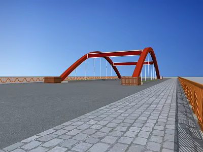 Red Arch Bridge With Stone Brick Deck And Orange Railings Against Clear Blue Sky 3d model