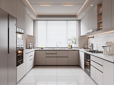 Sleek Modern Kitchen Interior Design With Light Gray Cabinets Island Countertop And Appliances 3d model