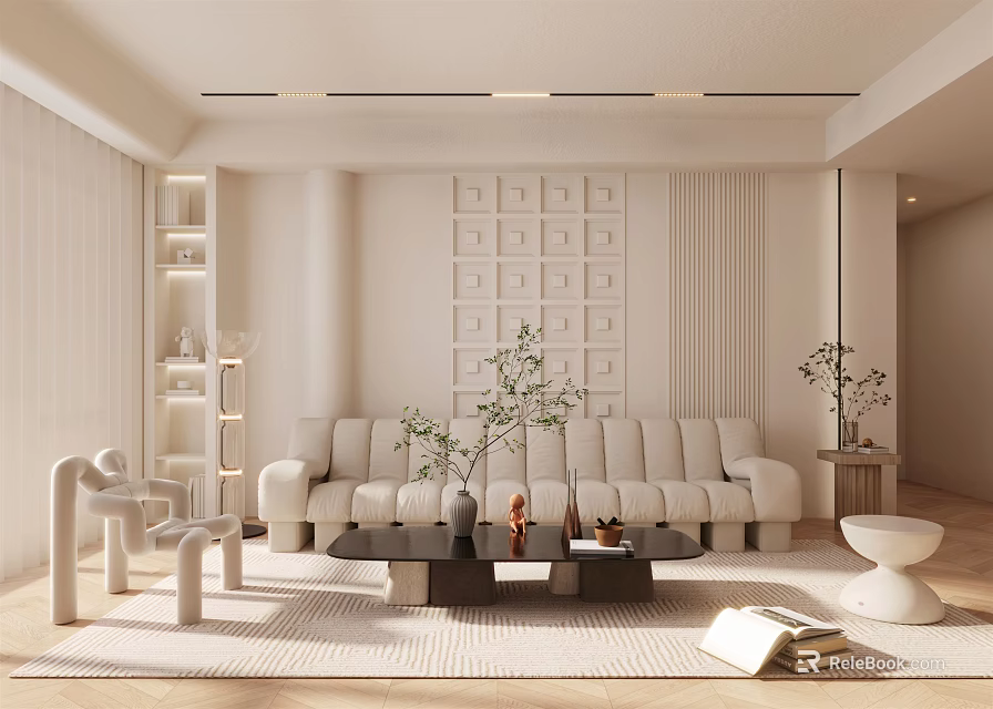Modern Living Room Interior Design With White Sofa Black Coffee Table And Decorative Wall 3d model 