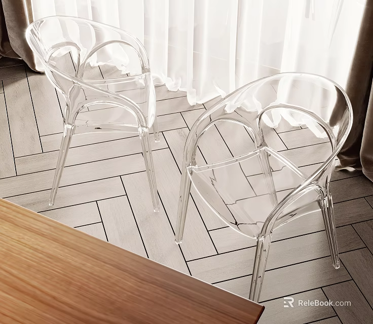 Transparent Acrylic Leisure Chairs With Modern Design Indoor Herringbone Wooden Floor And White Curtains 3d model 