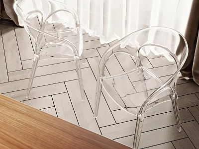Transparent Acrylic Leisure Chairs With Modern Design Indoor Herringbone Wooden Floor And White Curtains 3d model