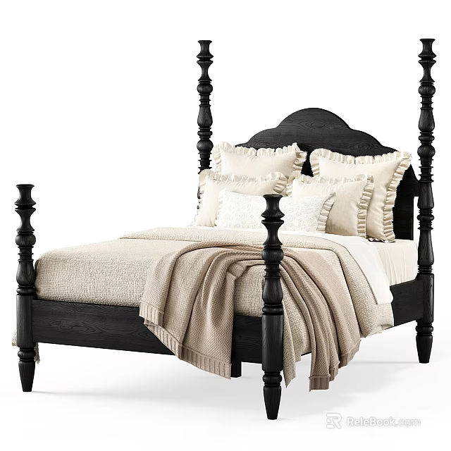 Classic Black Bedposts Double Bed With Beige Sheets Pillows And Blanket 3d model 