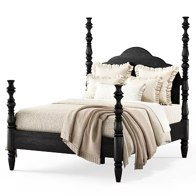 Classic Black Bedposts Double Bed With Beige Sheets Pillows And Blanket 3d model
