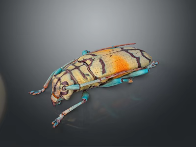 Vibrant Colored Beetle With Orange Yellow Stripes Blue Legs And Intricate Patterns 3d model