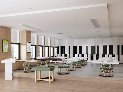 Book Art Activity Space with Spacious Interior Tables Chairs Black White Striped Wall Decor Windows 3d model