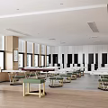Book Art Activity Space with Spacious Interior Tables Chairs Black White Striped Wall Decor Windows