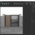 Modern Wooden Gate With Black Metal Frame Slatted Design And Stone Pillars For Courtyard