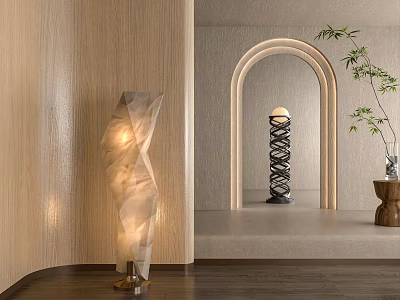 Unique Floor Lamp with Irregular Design and Spiral Stand in Wooden Wall Arched Doorway Space 3d model