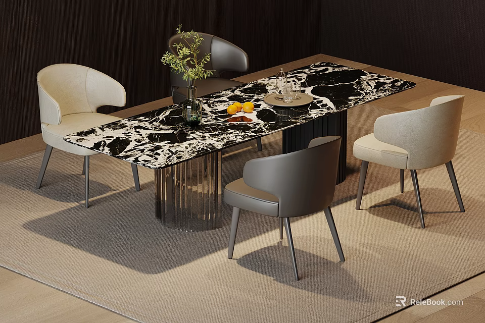 Modern Dining Table Set With Marble Tabletop Light Gray Chairs And Greenery Decor 3d model