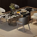 Modern Dining Table Set With Marble Tabletop Light Gray Chairs And Greenery Decor 3d model