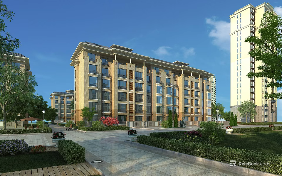 Elegant Multistory Residential Building Exterior With Greenery Trees Lawns And Driveway Cars 3d model 