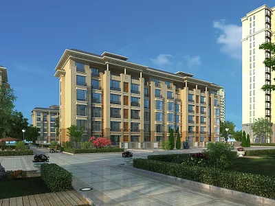 Elegant Multistory Residential Building Exterior With Greenery Trees Lawns And Driveway Cars 3d model