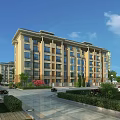 Elegant Multistory Residential Building Exterior With Greenery Trees Lawns And Driveway Cars
