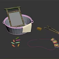 Essential Household Items Including Metal Basin Wooden Washboard Soap Clothespins And Rope