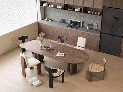 Modern Kitchen Interior With Wooden Oval Table Mixed Design Chairs Open Book And Tabletop Decor 3d model