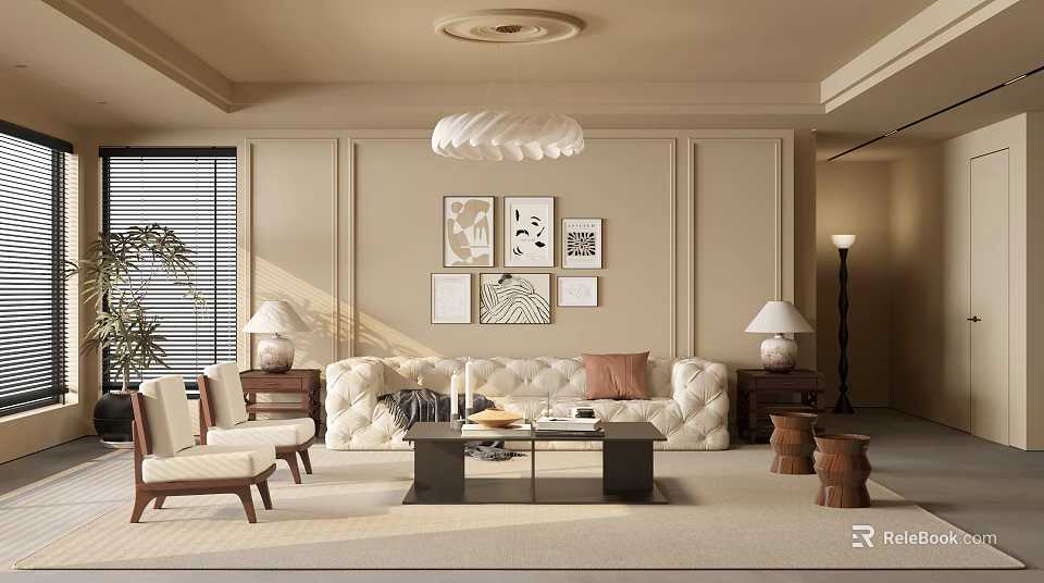 Beige Living Room Interior Design With Sofa Coffee Table White Pendant Light And Decorative Paintings 3d model 