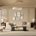 Beige Living Room Interior Design With Sofa Coffee Table White Pendant Light And Decorative Paintings