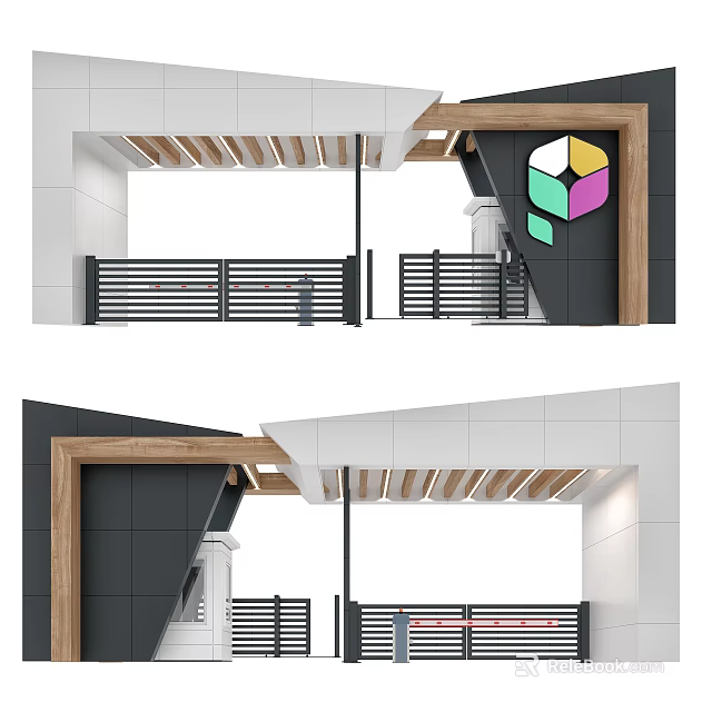Modern Entrance Gate Design With Wooden Frame Metal Railings And Ceiling Beams 3d model 