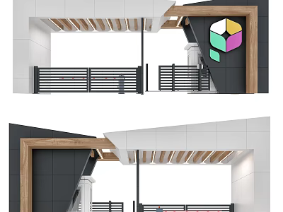 Modern Entrance Gate Design With Wooden Frame Metal Railings And Ceiling Beams 3d model